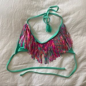 Raisins Fringe Turquoise Halter Bikini Top